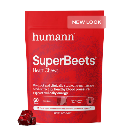Humann SuperBeets Heart Chews, Beet Root Powder Support Energy Supplement, Nitric Oxide and Blood Pressure Support, Grape Seed Extract & Non-GMO, Heart Health, Pomegranate Berry Flavor, 60 Count